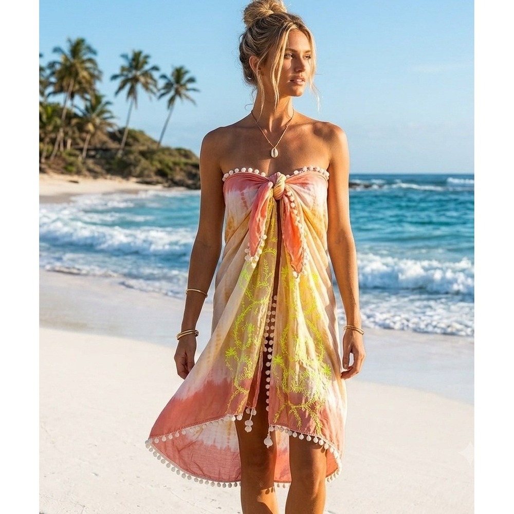 Miss June Paris Sarong Pareo Wrap Women OS Pink Tie Dye Embroidered Boho Good